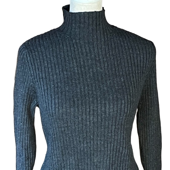 EILEEN FISHER DARK GREY MERINO WOOL RIBBED MOCK TURTLENECK SWEATER GREAT COND XS - Picture 2 of 9
